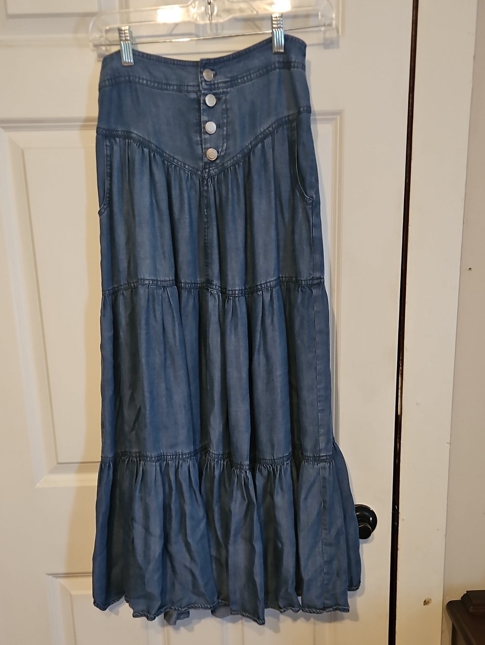 EASEL Denim-Blue Tiered Maxi Skirt with Button Front and Smocked Waist